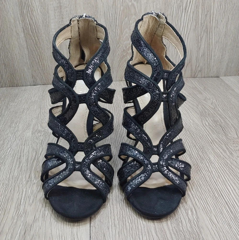 Coach Ludlow Strappy Glitter Caged Heels Sandals Black Leather Suede‎ 6 A4529